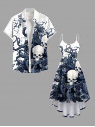 Tenue d'Halloween grande taille à imprimé tête de mort, poulpe et fleurs pour couples - Bleu Marine 