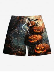 Plus Size Halloween Pumpkin Spider Web Bat Print Beach Shorts For Men -  