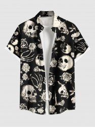 Chemise grande taille pour homme, motif squelette, griffe, rose, imprimé tête de mort, boutons et poches - Noir 3XL