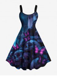 Robe trapèze grande taille à imprimé tête de mort et papillon pour Halloween - Bleu Marine XXS