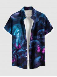 Plus Size Ombre Skull Butterfly Print Halloween Button Pocket Shirt For Men -  