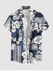 Chemise hawaïenne grande taille à imprimé ethnique, motif feuilles tropicales, hibiscus et fleurs, avec poches boutonnées, pour homme - Bleu Marine 3XL
