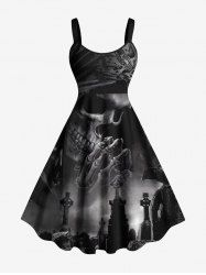 Plus Size Halloween Skull Cross Crow Print Tank Dress -  