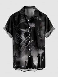 Plus Size Halloween Skull Cross Crow Print Buttons Pocket Shirt For Men -  