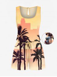 Plus Size Coconut Tree Ombre Print Cinched Hawaii Romper -  