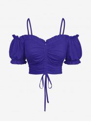 Plus Size Cinched Ruched Ruffles Cold Shoulder Cami Top - Bleu Ciel 3X