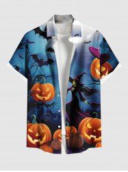 Plus Size Pumpkin Wizard Bat Moon Ombre Galaxy Print Halloween Button Pocket Shirt For Men - Bleu Ciel 5XL