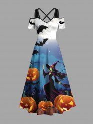 Plus Size Pumpkin Wizard Bat Moon Ombre Galaxy Print Halloween Cold Shoulder Crisscross A Line Maxi Dress -  