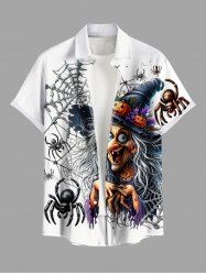 Plus Size Wizard Pumpkin Spider Web Print Halloween Button Pocket Shirt For Men -  