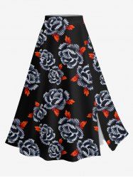 Jupe trapèze fendue hawaïenne grande taille à imprimé feuilles et fleurs de rose - Noir 3X