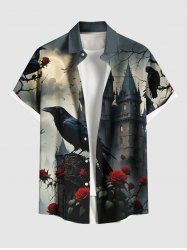 Plus Size Crow Rose Flower Castle Moon Ombre Galaxy Print Halloween Button Pocket Shirt For Men -  