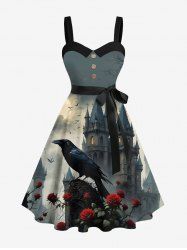 Plus Size Crow Rose Flower Castle Moon Ombre Galaxy Print Halloween Button A Line Dress with Removable Belt -  