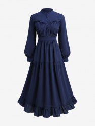 Plus Size Lantern Sleeves Buttons Ruffles Solid A Line Dress -  