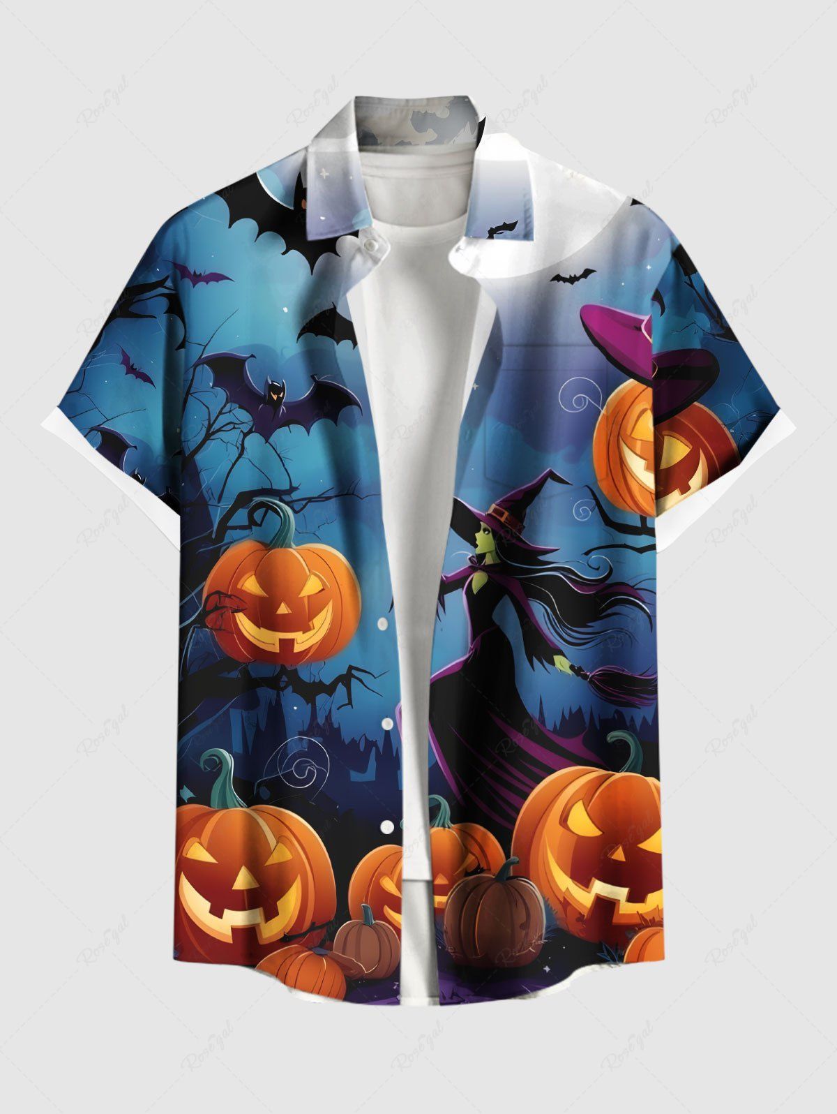Affordable Plus Size Pumpkin Wizard Bat Moon Ombre Galaxy Print Halloween Button Pocket Shirt For Men  