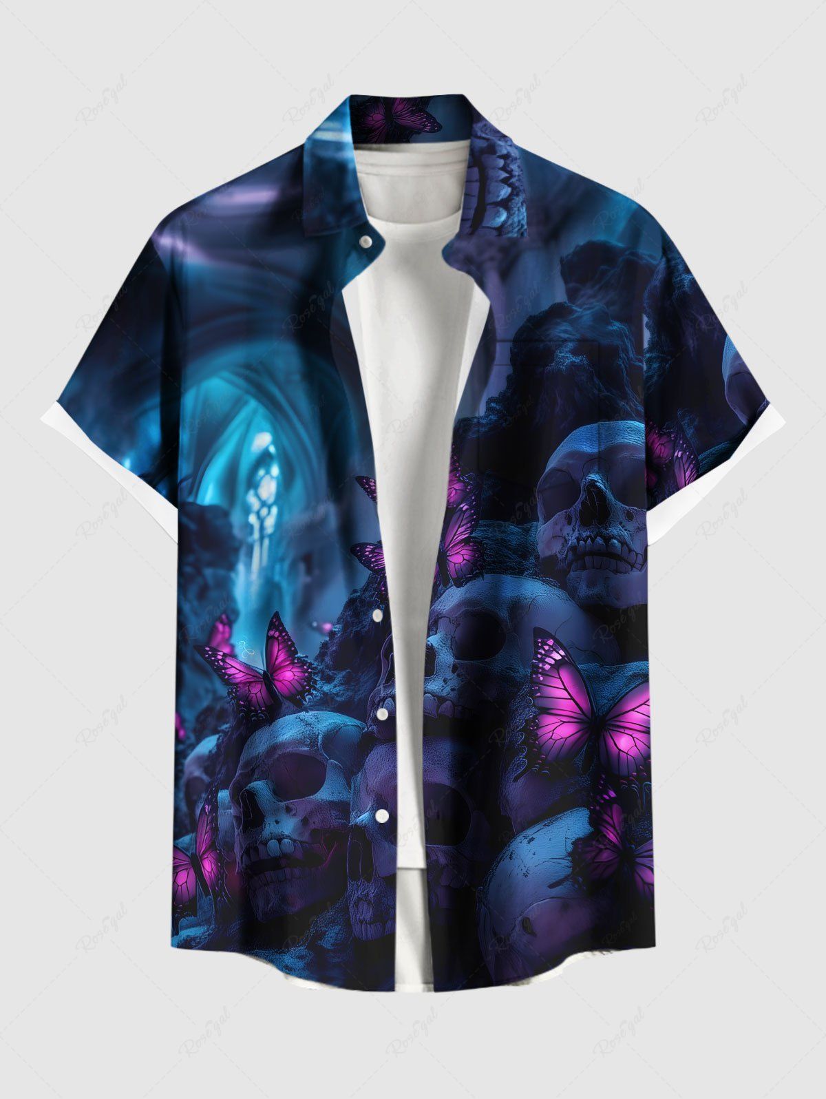 Online Plus Size Ombre Skull Butterfly Print Halloween Button Pocket Shirt For Men  