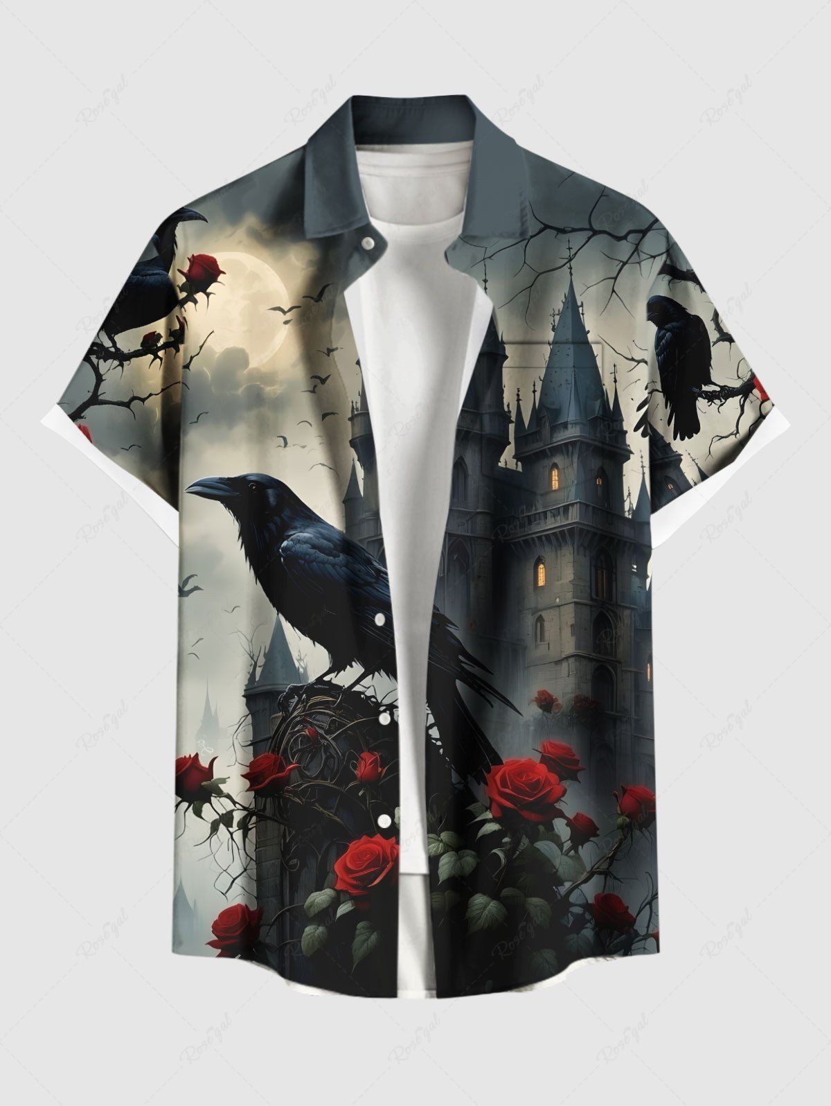 Chemise grande taille à imprimé corbeau, rose, château, lune, galaxie, ombré, Halloween, boutonnée, avec poche, pour homme Noir 5XL
