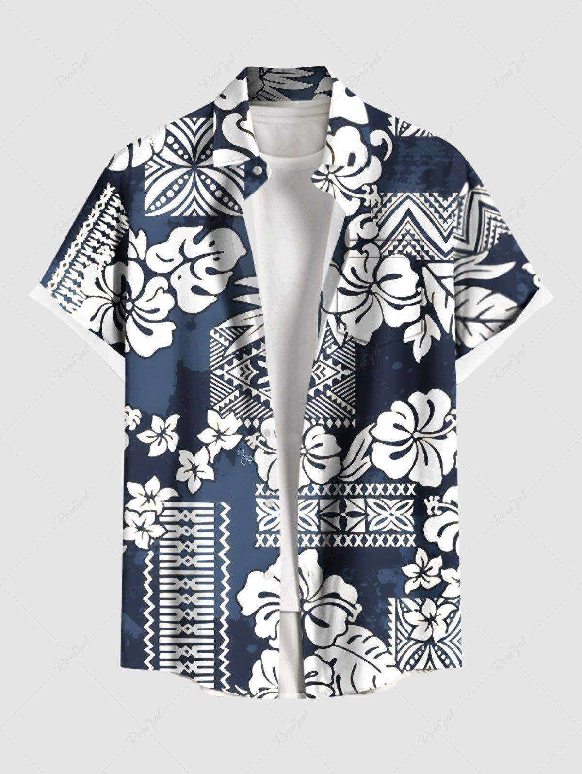 Chemise hawaïenne grande taille à imprimé ethnique, motif feuilles tropicales, hibiscus et fleurs, avec poches boutonnées, pour homme Bleu Marine 4XL
