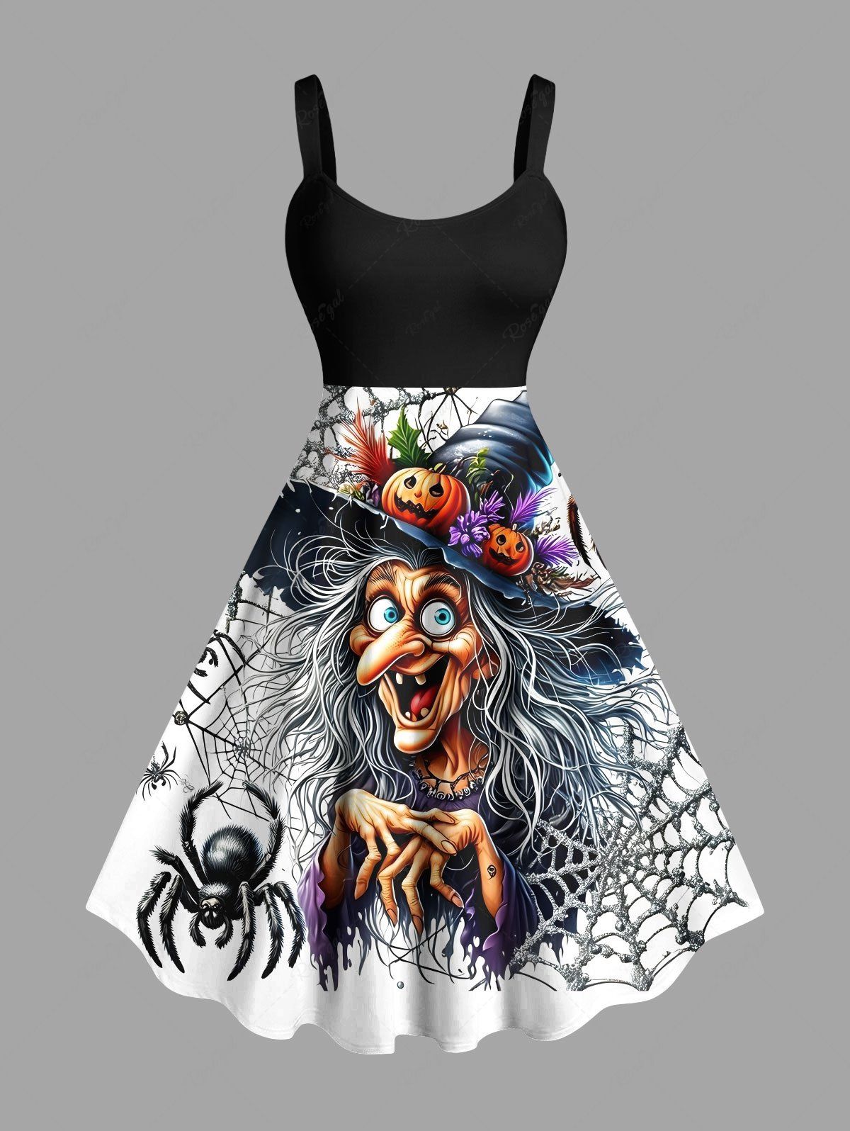 Discount Plus Size Wizard Pumpkin Spider Web Print Halloween A Line Tank Dress  