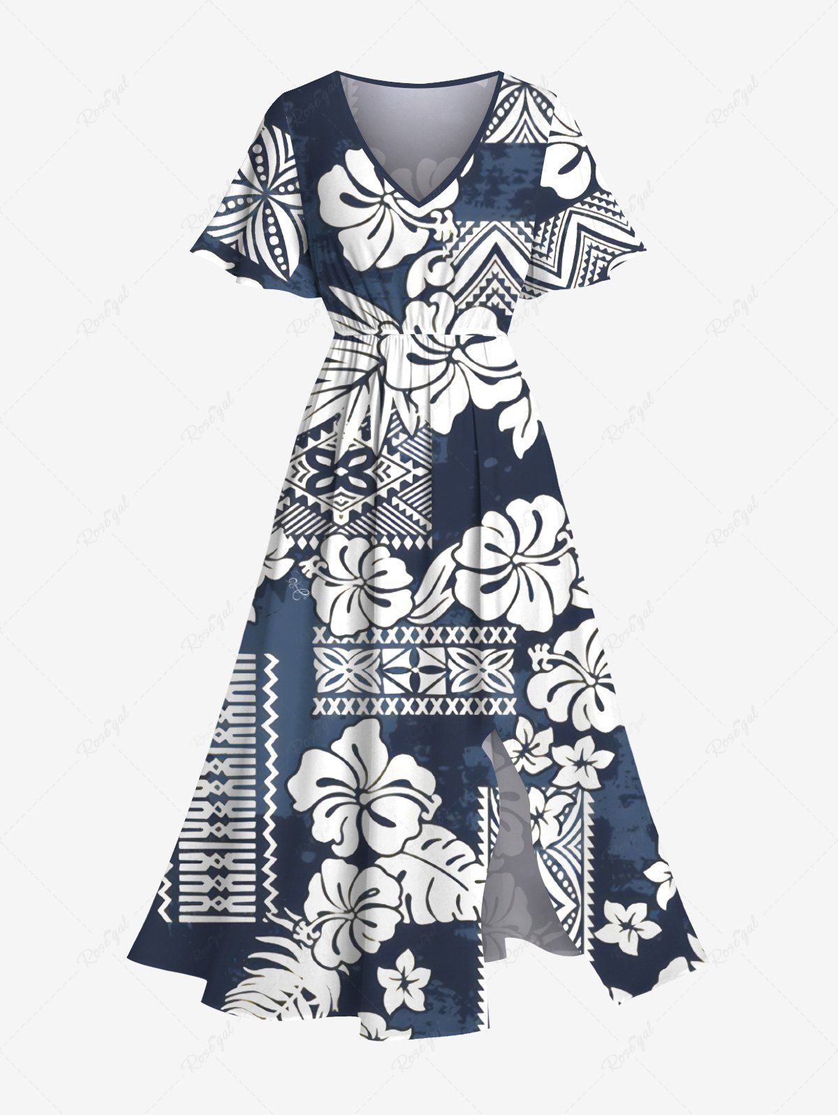 Robe mi-longue trapèze grande taille à imprimé ethnique hawaïen, motif feuilles tropicales, hibiscus et fleurs Bleu profond 6X