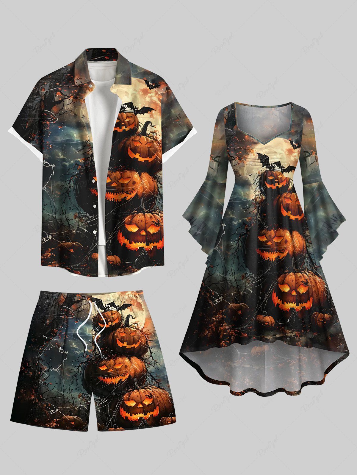 Costume d'Halloween citrouille chauve-souris toile d'araignée lune imprimé grande taille tenue assortie pour couples Noir 