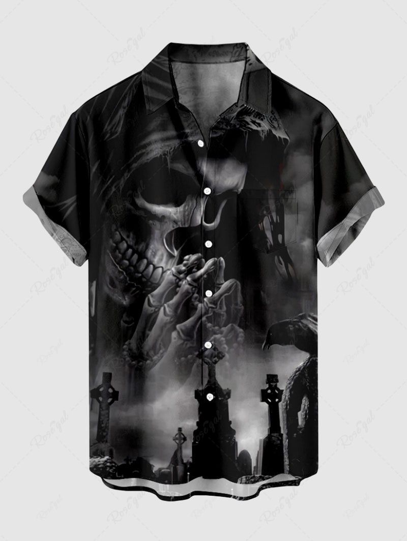 Chemise grande taille à boutons et poches pour homme, motif tête de mort, croix et corbeau, pour Halloween Noir 5XL