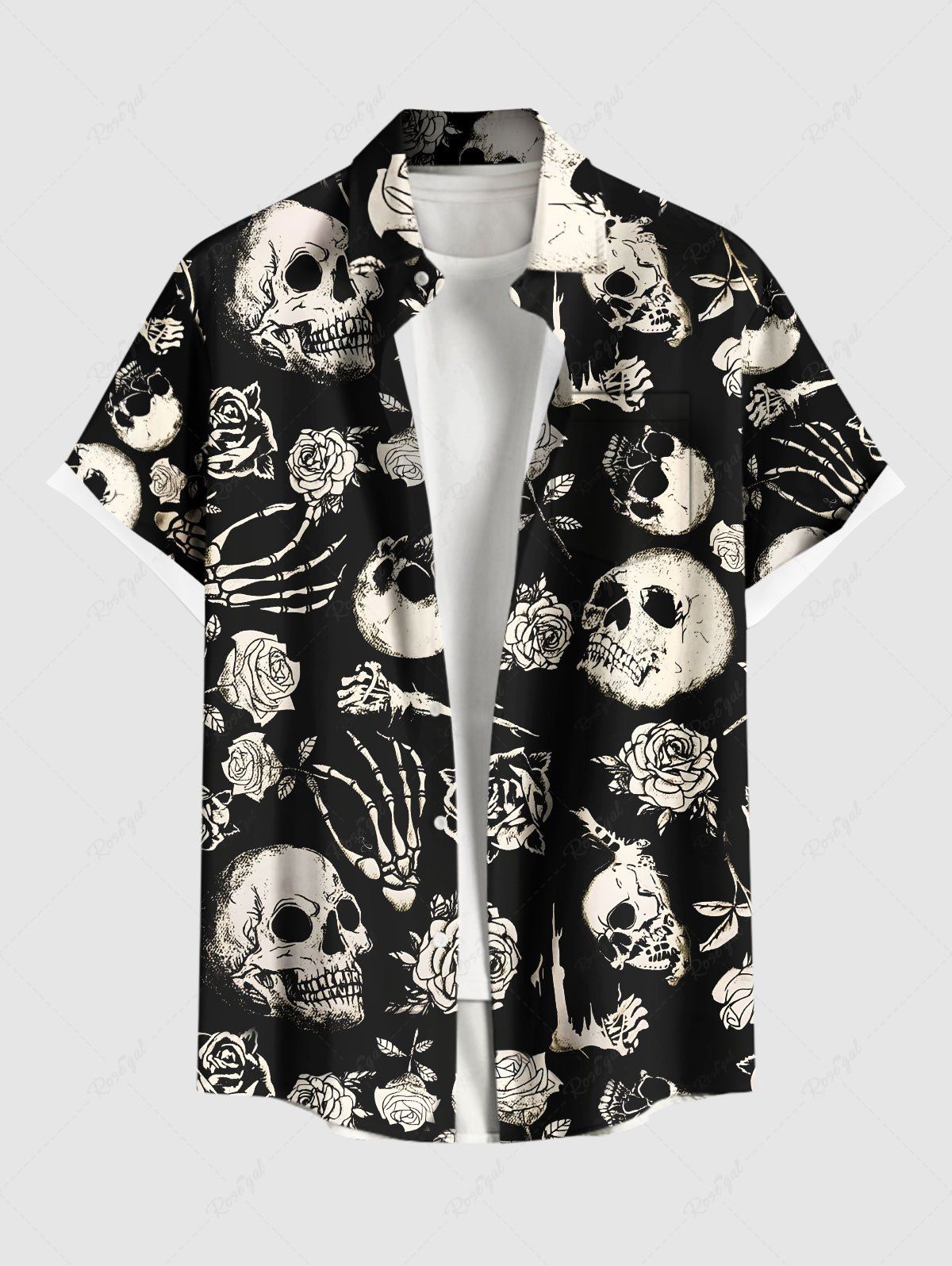 Chemise grande taille pour homme, motif squelette, griffe, rose, imprimé tête de mort, boutons et poches Noir 3XL