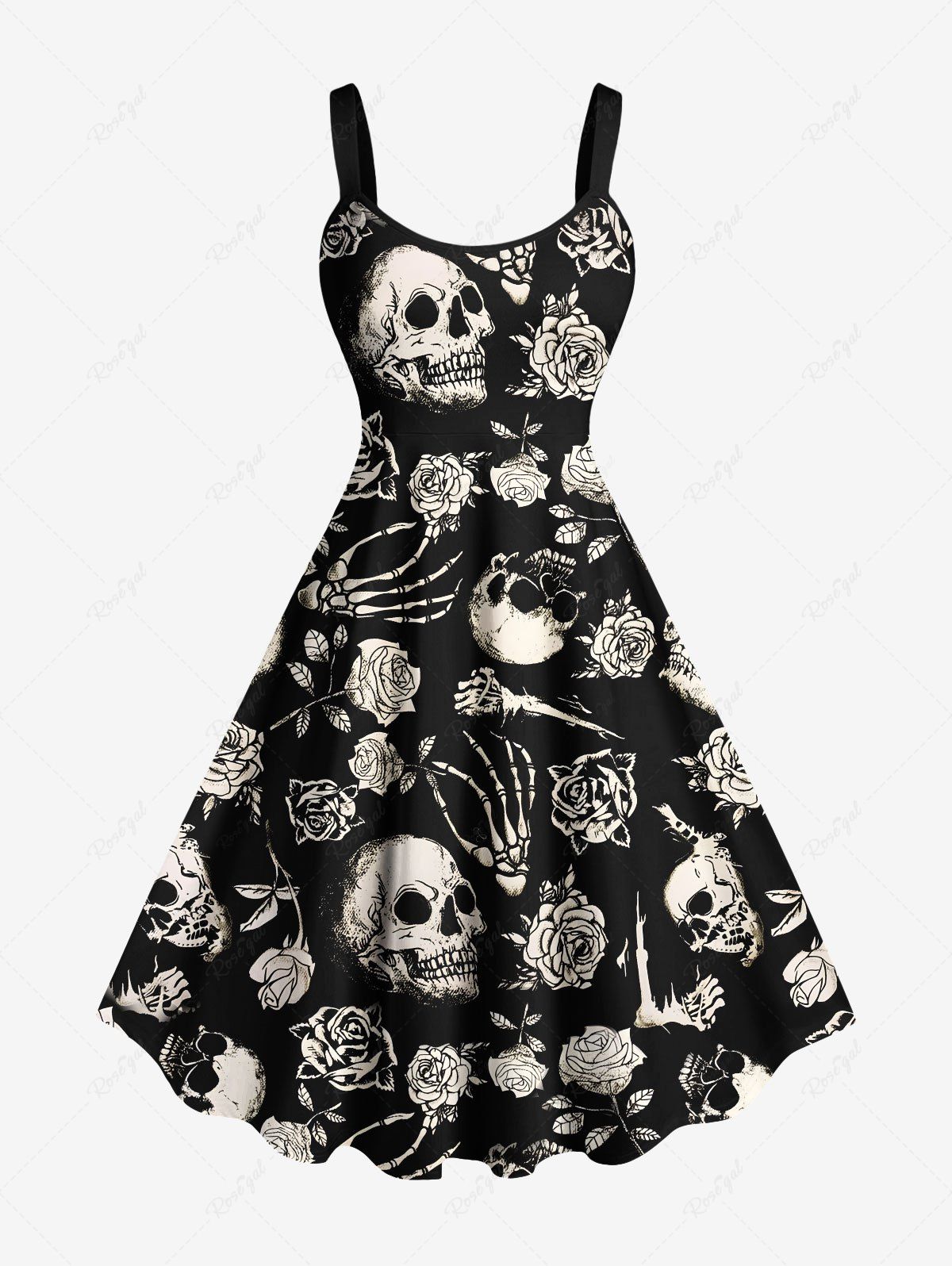 Shops Plus Size Halloween Skulls Rose Flower Skeleton Claw Print Tank Dress  