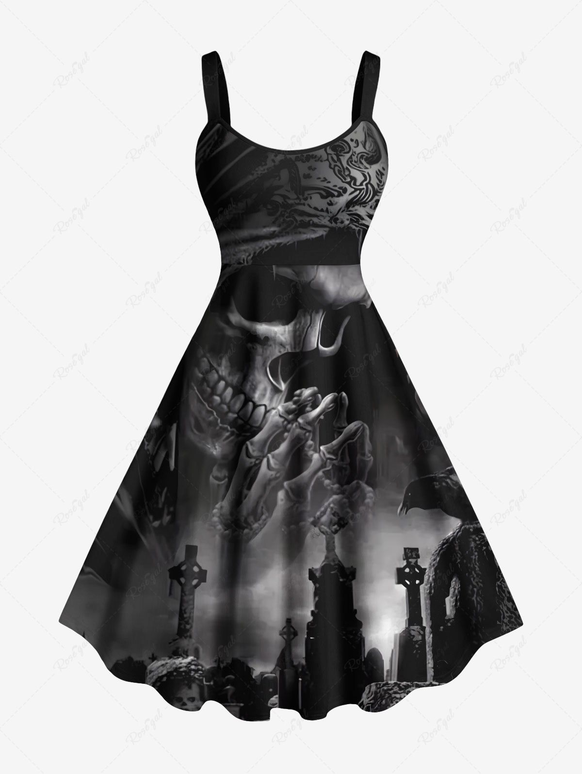 Fancy Plus Size Halloween Skull Cross Crow Print Tank Dress  