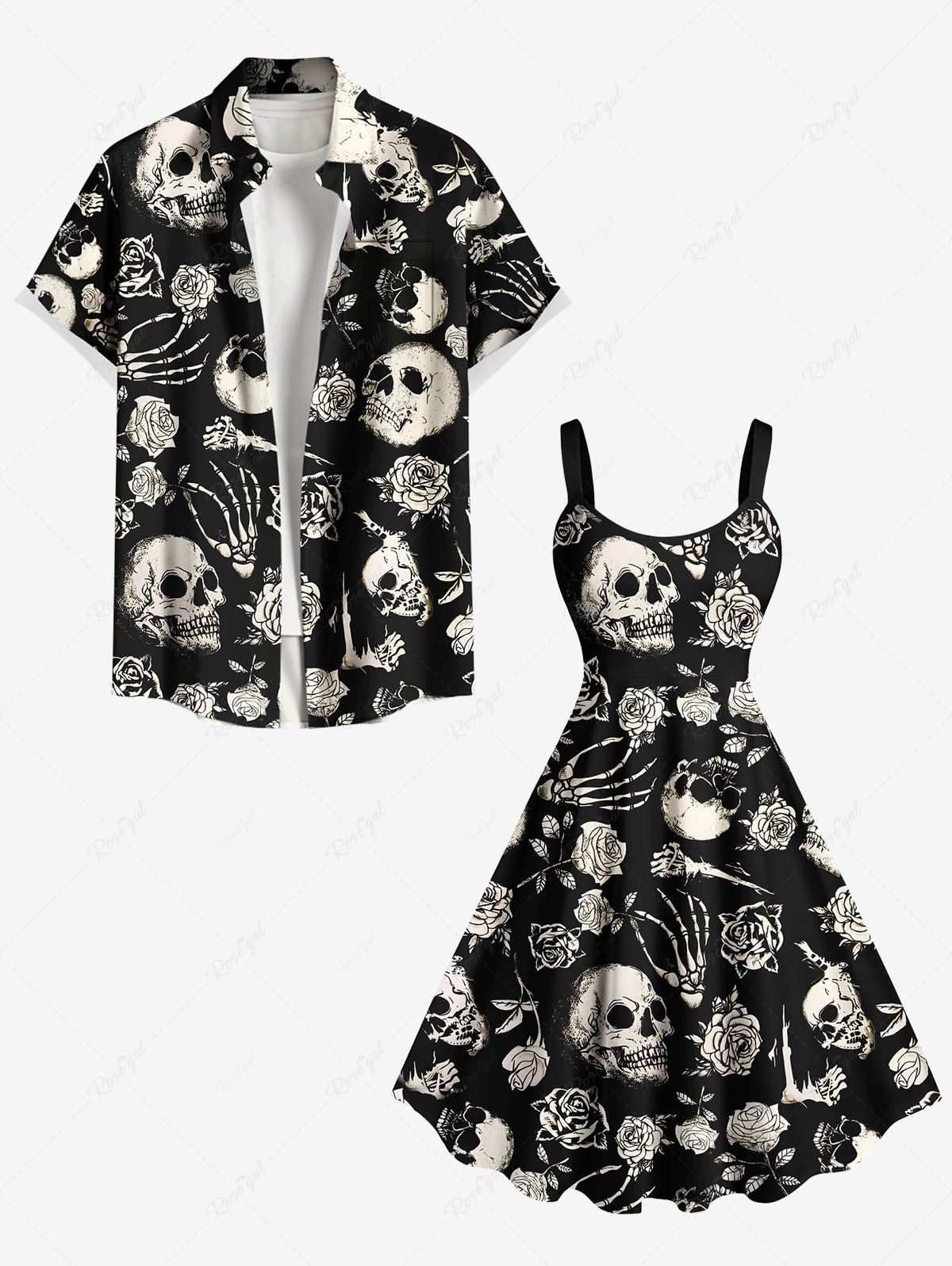 Tenue d'Halloween grande taille assortie pour couples, motif crânes, roses, squelettes et griffes Noir 