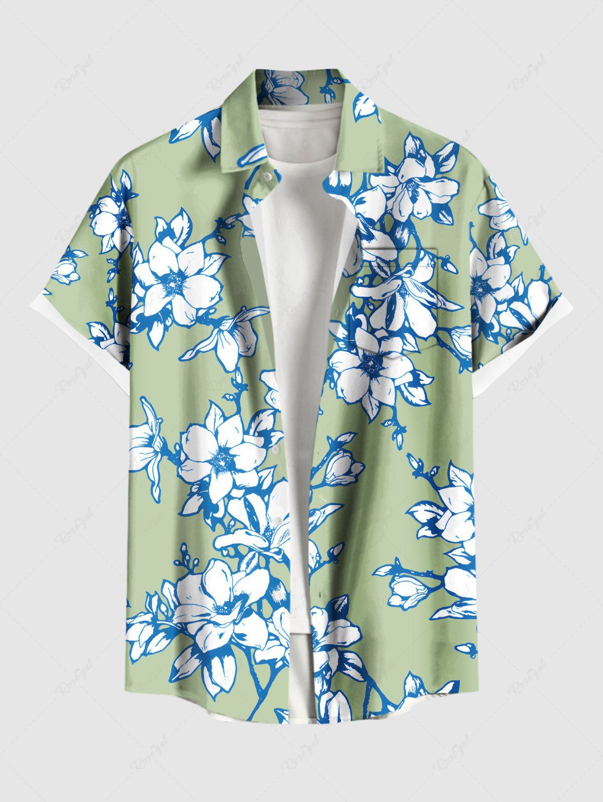 Chemise hawaïenne grande taille à imprimé tropical, fleurs et feuilles, avec poches et boutons, pour homme Vert 3XL