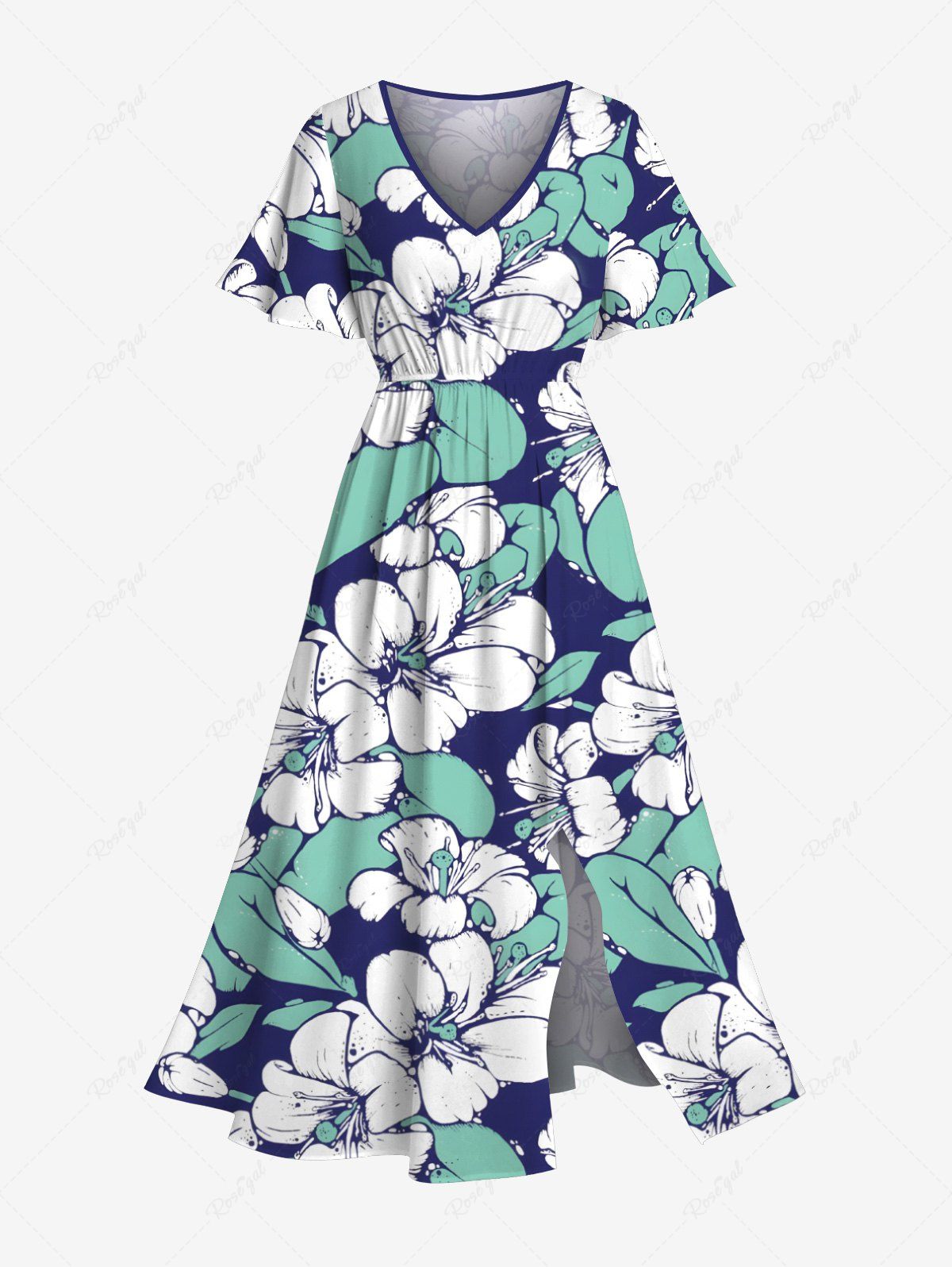 Affordable Plus Size Hibiscus Flower Leaf Tropical Print Split Hawaii Midi Dress  