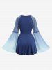 Haut en dentelle ombrée à manches évasées et pantalon évasé en maille transparente à volants, tenue grande taille - Bleu profond 