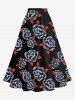Jupe trapèze fendue hawaïenne grande taille à imprimé feuilles et fleurs de rose - Noir 4X
