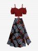 Plus Size Rose Flower Leaf Print Hawaii Split A Line Skirt -  