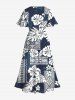Robe mi-longue trapèze grande taille à imprimé ethnique hawaïen, motif feuilles tropicales, hibiscus et fleurs - Bleu profond 6X