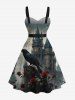 Plus Size Crow Rose Flower Castle Moon Ombre Galaxy Print Halloween Button A Line Dress with Removable Belt -  