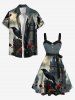 Robe trapèze boutonnée avec ceinture amovible, grande taille, motif château, lune, galaxie, corbeau, rose, fleur, lune, ombré, Halloween - Noir 4X