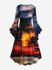 Robe asymétrique grande taille à imprimé cocotier, mer, ombré, crépuscule, coucher de soleil, galaxie, hawaïenne, froncée, taille haute et basse - Orange 3X