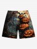 Plus Size Halloween Pumpkin Spider Web Bat Print Beach Shorts For Men -  