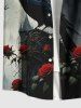 Plus Size Crow Rose Flower Castle Moon Ombre Galaxy Print Halloween Button Pocket Shirt For Men -  