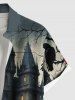 Plus Size Crow Rose Flower Castle Moon Ombre Galaxy Print Halloween Button Pocket Shirt For Men -  