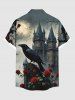 Plus Size Crow Rose Flower Castle Moon Ombre Galaxy Print Halloween Button Pocket Shirt For Men -  