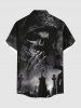 Plus Size Halloween Skull Cross Crow Print Buttons Pocket Shirt For Men -  