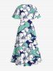 Plus Size Hibiscus Flower Leaf Tropical Print Split Hawaii Midi Dress -  