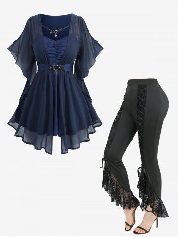 Chiffon Textured Ruched Belted Blouse and Skulls Fishnet Mesh Trim Lace Up Ruffles Flare Pants Plus Size Outfit - DEEP BLUE