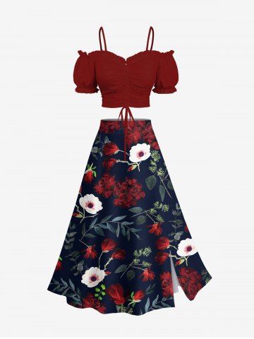 Solid Cinched Top and Flower Leaf Branch Print Hawaii Split A Line Skirt Plus Size Matching Set - RED WINE