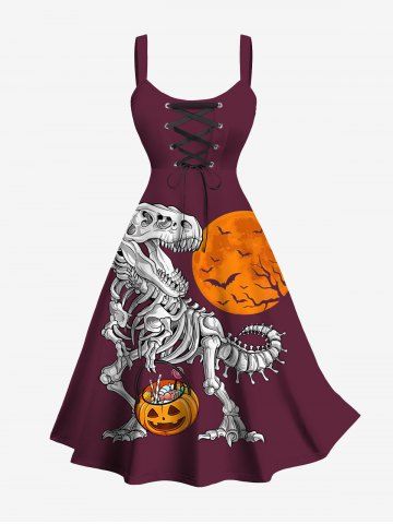 Plus Size Pumpkin Dinosaur Skeleton Moon Bat Tree Print Halloween Lace Up A Line Dress - RED WINE - 6X
