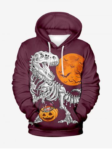 Plus Size Pumpkin Dinosaur Skeleton Moon Bat Tree Print Halloween Pullover Long Sleeves Hoodie For Men - DEEP RED - 8XL