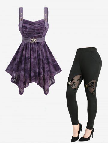 Pine Tree Butterfly Print Starfish Buckle Tank Top and Flocking Patchwork Skinny Leggings Plus Size Outfit - PURPLE