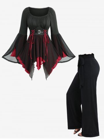 Lace-up Ruched Tulip Hem Flare Sleeves Top and Ruffles Waist Wide Leg Pants Plus Size Outfit - BLACK